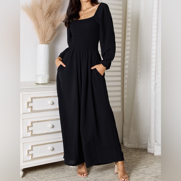 NEW Double Take Black Square Neck Smocked Long Sleeve Wide Leg Jumpsuit - Picture 6 of 9